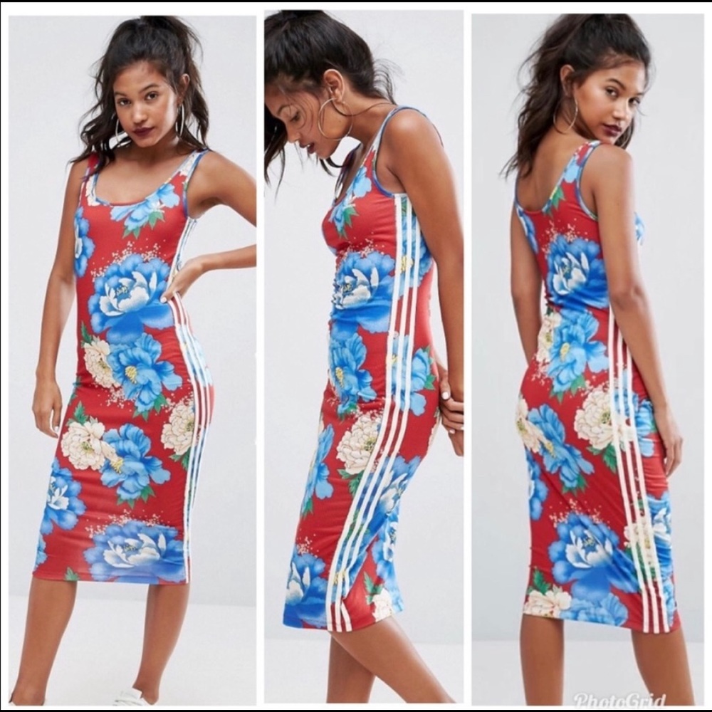 Adidas red and blue floral dress M